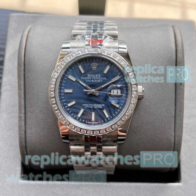 Replica Rolex Diamond Datejust Blue Palm motif Dial Watches 36mm